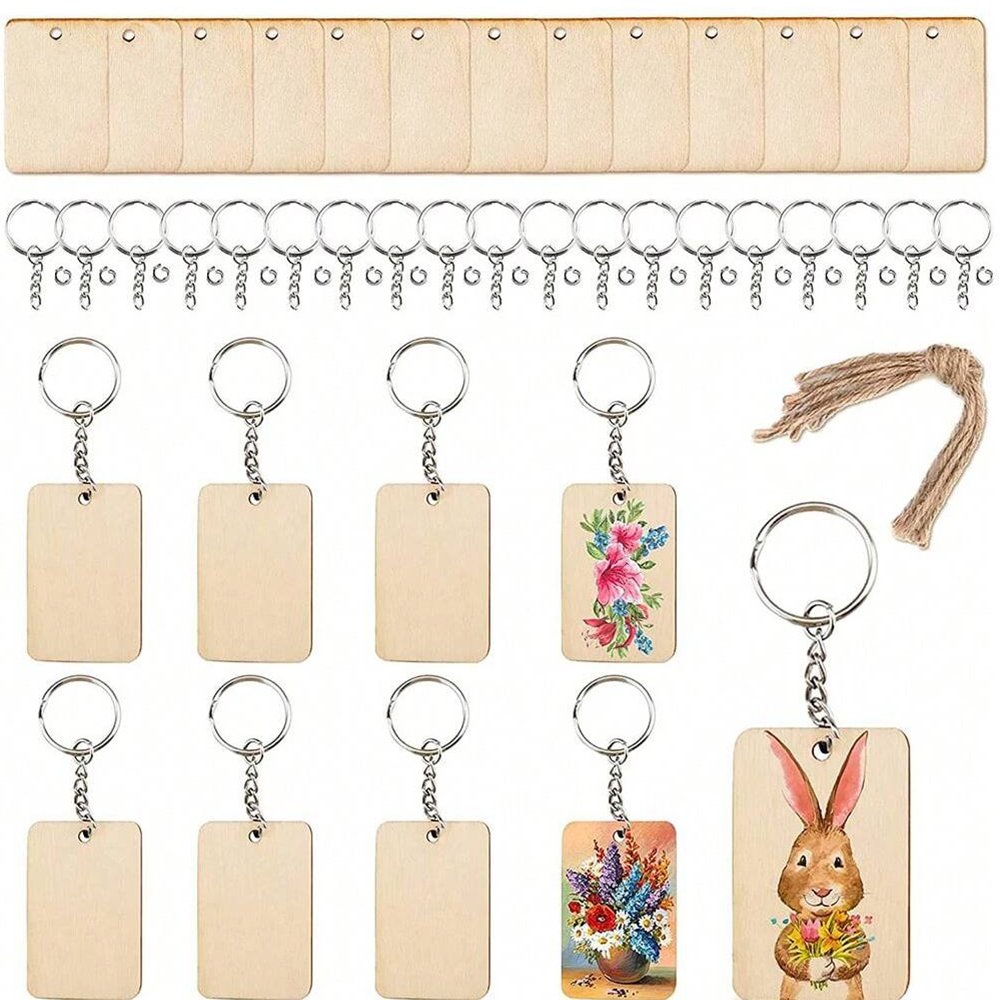 Wood Ring Blank - 60 ชิ้นไม้เปล่า Key สี่เหลี่ยมผืนผ้าไม้ Key Chain